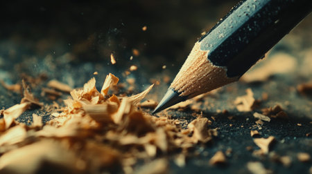 A detailed close-up of pencil shavings surrounding a sharpened pencil on a rustic surface. Ideal for themes of creativity, craftsmanship, and artistry.の素材