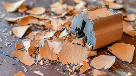 Close-up of pencil shavings scattered around a broken sharpener on a wooden table. A visual representation of creativity, tools, and the crafting process.の素材