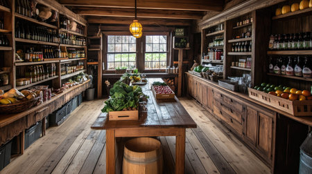 A charming rustic market interior featuring fresh produce, vibrant fruits, and vegetables arranged on wooden shelves. The warm lighting enhances the cozy atmosphere.の素材