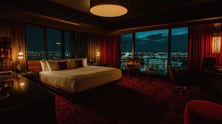 Experience elegance in this luxurious hotel room featuring a stunning city view at night. Perfect for relaxation, travel, and an unforgettable stay.の素材