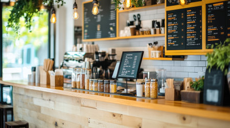 A stylish coffee shop featuring a wooden counter, vibrant menu, and inviting decor. The space is adorned with plants and a variety of beverage ingredients, creating a warm atmosphere for customers.の素材