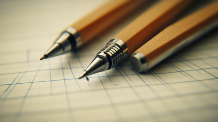 This close-up image features two elegant mechanical pencils resting on graph paper, showcasing their design and functional appeal for writing and drawing.の素材