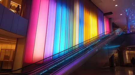 A captivating view of a colorful illuminated wall alongside a sleek escalator in a modern interior space, showcasing vibrant hues and contemporary design.の素材