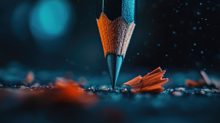 This captivating close-up image showcases a sharpened pencil poised on a dark surface, surrounded by delicate wood shavings, emphasizing creativity and artistry.の素材