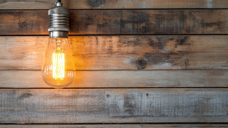 This image features a vintage Edison bulb illuminating a rustic wooden wall, creating a warm and inviting ambiance ideal for interior design projects.の素材