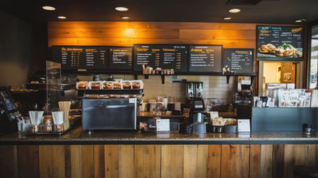 A cozy coffee shop interior featuring a wooden counter and a variety of menu items on display. The inviting space offers a perfect spot for relaxation and socializing.の素材