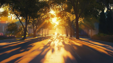 This captivating image features a serene street illuminated by a beautiful sunset, casting golden rays through leafy trees. Perfect for nature and urban themes.の素材
