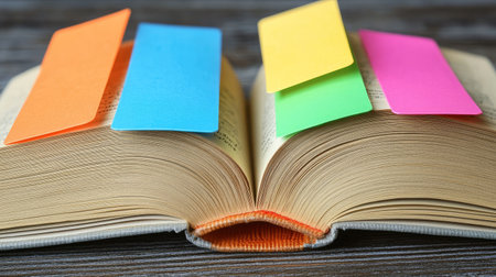 This image features an open book with vibrant sticky notes in colors on the pages. The background showcases a wooden table surface, emphasizing study and organization.の素材