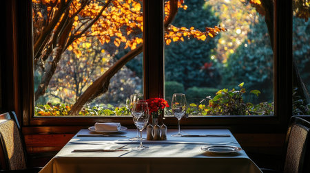 A beautifully set dining table awaits guests, offering a picturesque view of vibrant autumn foliage through the window, creating a cozy, inviting atmosphere.の素材