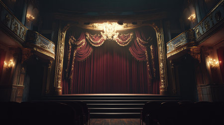 An enchanting theater stage featuring rich red curtains and ornate gold detailing. The scene evokes a sense of anticipation for a captivating performance.の素材