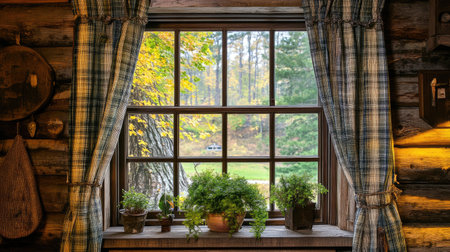 A cozy window view showcasing potted plants and rustic decor. The inviting scene features warm light streaming through framed glass and vibrant foliage.の素材