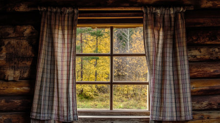 A rustic cabin window features plaid curtains, framing a stunning autumn landscape with vibrant yellow foliage. This serene setting captures the beauty of nature.の素材