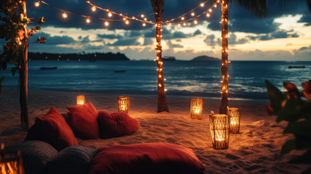 Experience a tranquil beach evening with cozy seating surrounded by warm lantern lights. Enjoy the serene ocean view as the sun sets, creating a magical atmosphere.の素材