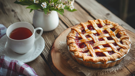 A sumptuous cherry pie sits on a rustic wooden table next to a cup of tea, embodying comfort and warmth. Ideal for cozy gatherings or home occasions.の素材