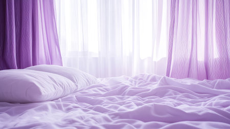 A serene bedroom scene featuring soft purple bedding and sheer curtains, bathed in bright sunlight. Perfect for showcasing tranquility and comfort in home decor.の素材