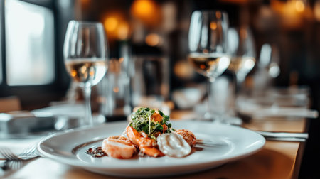 Experience the artistry of gourmet cuisine featuring a seafood dish served elegantly in a fine dining setting, complete with wine and sophisticated ambiance.の素材