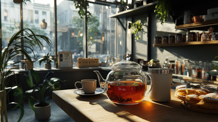 A serene tea shop scene featuring a glass teapot, cup, and fresh pastries. Sunlight streams through large windows, creating a tranquil atmosphere perfect for relaxation.の素材