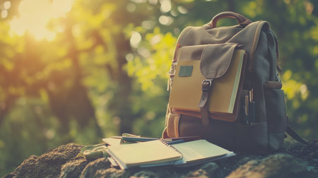 A vintage backpack rests on a wooden surface surrounded by greenery, accompanied by notebooks and pens. The warm sunlight creates a serene atmosphere perfect for creativity and study.の素材