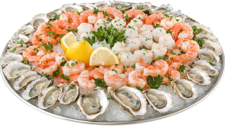 A vibrant seafood platter featuring fresh shrimp and oysters, garnished with lemon slices and herbs, perfect for any celebration or upscale dining experience.の素材