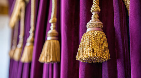 Discover the elegance of a rich purple tapestry adorned with exquisite golden tassels, perfect for enhancing any luxurious interior space or creating a cozy ambiance.の素材