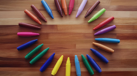 A vibrant circular arrangement of various colorful crayons on a wooden textured background, perfect for art projects and creative play.の素材
