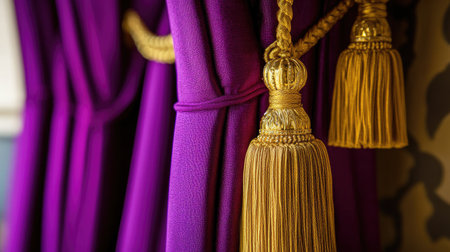 This image features luxurious purple curtains adorned with golden tassels, epitomizing elegance and style in any interior space.の素材