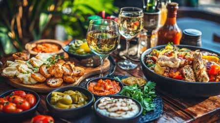 A vibrant spread of Mediterranean dishes featuring colorful ingredients, fresh vegetables, and refreshing beverages, ideal for any dining occasion or gathering.の素材
