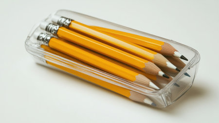 A collection of yellow pencils neatly placed in a clear case on a light background. Ideal for projects related to education, office supplies, and creative tools.の素材
