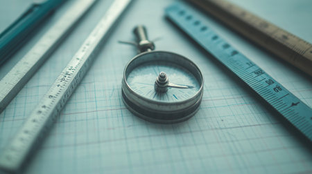 A classic compass surrounded by various rulers rests on graph paper, ideal for themes of engineering, design, and precise measurements in creative projects.の素材