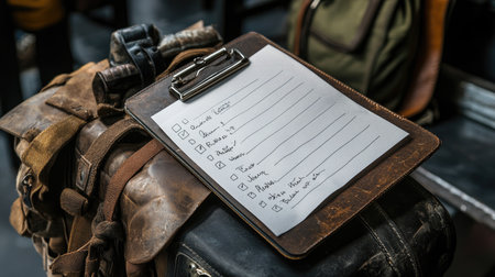 A vintage leather backpack with a clipboard and a blank checklist rests on a rustic surface, symbolizing planning and adventure in a natural setting.の素材