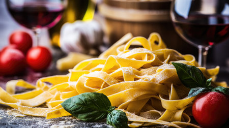 Discover a vibrant scene featuring fresh pasta adorned with basil and tomatoes. This rustic setting highlights the joy of Italian cuisine, perfect for culinary inspirations.の素材
