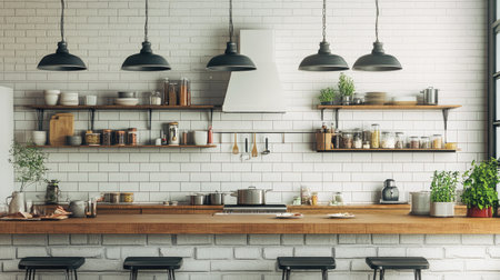 Discover a stylish and modern kitchen featuring open shelving, elegant lighting, and a warm ambiance, perfect for culinary creativity and gatherings.の素材