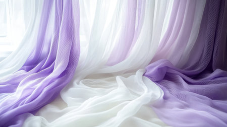 Soft sheer curtains in shades of purple and white create an elegant and gentle atmosphere. Perfect for enhancing the decor of modern interior spaces.の素材
