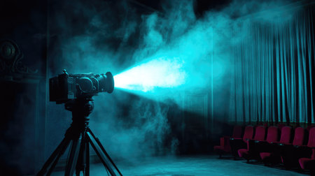 A vintage film projector casts an ethereal glow in a dark cinema, surrounded by smoke and shadows. An atmosphere of nostalgia and creativity emanates from this captivating setting.の素材