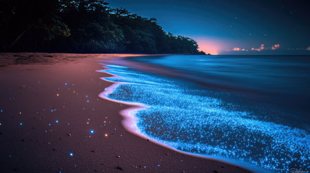 Experience the serene beauty of glowing bioluminescent waves gently lapping on a sandy beach at night, illuminating the tranquil shoreline under a starlit sky.の素材
