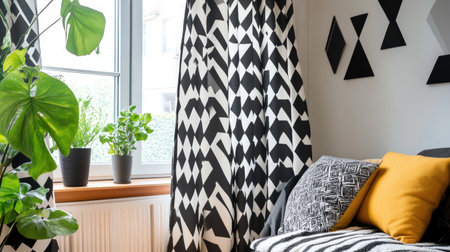 This modern living room features stunning black and white curtains paired with lush green plants. Enjoy a stylish and cozy atmosphere with geometric patterns and contemporary decor.の素材