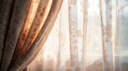 Beautiful sheer window curtains with intricate floral patterns allow soft light to filter through, creating a warm and inviting atmosphere in any room.の素材