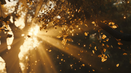 Captivating scene of sunlight filtering through autumn leaves in a tranquil forest. Golden rays create a magical atmosphere, inviting serenity and peace.の素材