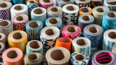 A vibrant collection of decorative tape rolls arranged on a wooden surface. Perfect for craft projects, scrapbooking, and enhancing design elements.の素材