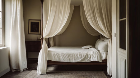 This cozy minimalist bedroom features a stunning canopy bed draped in soft fabric, creating a serene atmosphere. Natural light enhances the tranquil decor.の素材