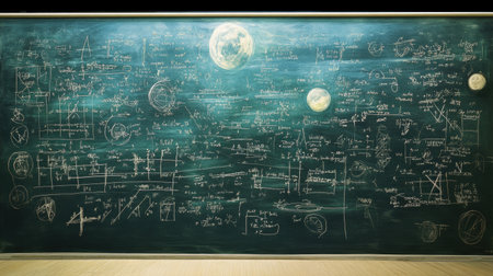 A detailed chalkboard filled with intricate scientific equations and celestial sketches. Perfect for illustrating academic concepts in classrooms or educational materials.の素材