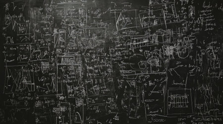 This image features a chalkboard filled with intricate mathematical equations and detailed graphs, showcasing a creative and analytical approach to learning and teaching.の素材