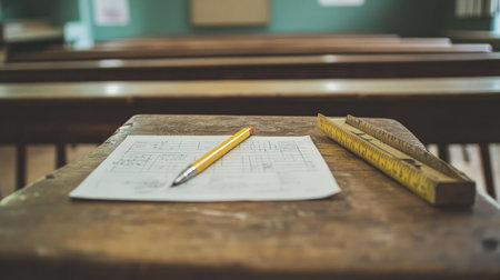 A solitary desk in an empty classroom featuring a piece of paper, a pencil, and a ruler. This setting captures the essence of education and study, ideal for academic themes.の素材