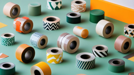 A vibrant display of assorted washi tape rolls in various colors and patterns, arranged artfully on a mint green background. Perfect for creative projects!の素材