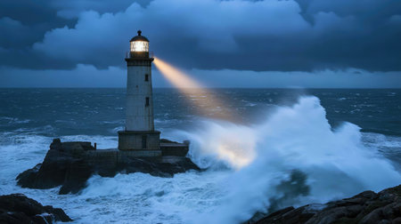 A stunning lighthouse stands resilient against the backdrop of a stormy sea, casting its light amidst crashing waves and dark, moody clouds.の素材