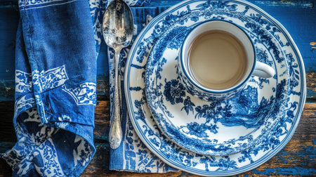 A beautiful arrangement of a blue and white china tea set featuring a cup, saucer, and plate placed on a rustic wooden background, perfect for relaxation.の素材