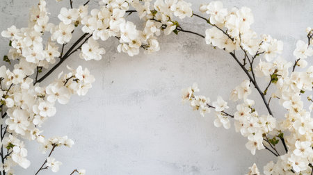 Charming white flowers gracefully arching against a soft gray backdrop, perfect for spring decor or adding a touch of nature to any space.の素材