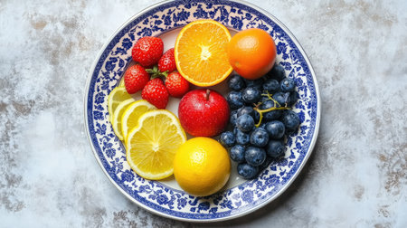 A vibrant assortment of fresh fruits arranged on a decorative plate, featuring strawberries, oranges, lemons, blueberries, and an apple. Perfect for healthy eating.の素材