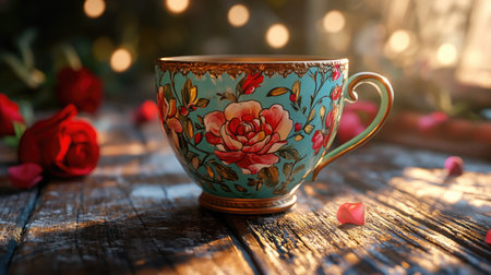 A stunning floral teacup adorned with roses rests on a vintage wooden table, illuminated by warm sunlight. Perfect for adding charm and elegance.の素材