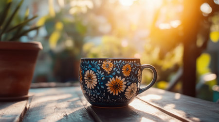 A vibrant floral cup sits on a rustic wooden table, basking in the soft glow of the morning sun. Perfect for moments of relaxation and comfort.の素材